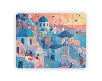 Santorini Sunset Kids Jigsaw Puzzle 30 Pieces Educational Watercolor Greece Scene for Color Learning and Creative Play