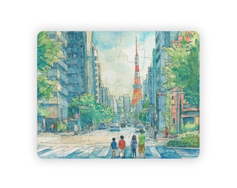 Tokyo Big City Day Kids Jigsaw Puzzle 30 Pieces Educational Watercolor City Scene Featuring Tokyo Tower for Preschool Learning