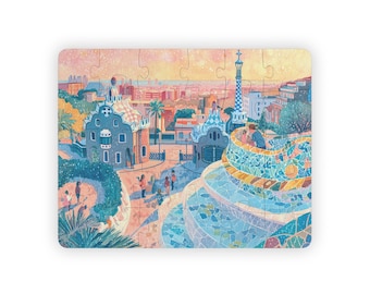 Barcelona Park Guell Kids Jigsaw Puzzle 30 Pieces Educational Watercolor Art Scene Featuring Famous Mosaic Landmark