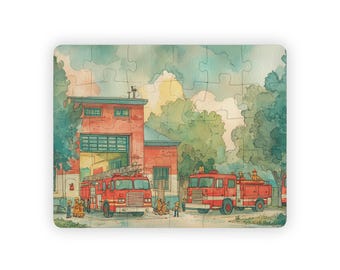 Fire Station Day Kids Jigsaw Puzzle 30 Pieces Educational Watercolor Community Helper Scene for Preschool Learning