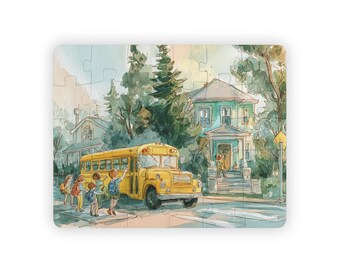 School Bus Morning Kids Jigsaw Puzzle 30 Pieces Educational Watercolor School Scene for Preschool Learning and Daily Routine Play