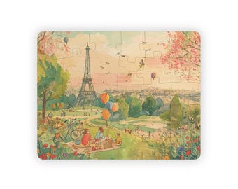 Paris Picnic Kids Jigsaw Puzzle 30 Pieces Educational Watercolor Park Scene with Eiffel Tower for Toddler Learning Fun