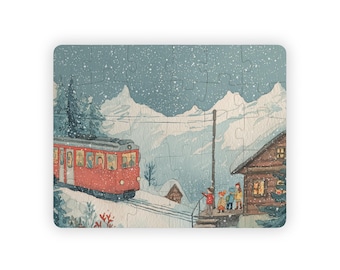 Swiss Alps Winter Train Kids Jigsaw Puzzle 30 Pieces Educational Watercolor Mountain Travel Scene for Preschool Learning