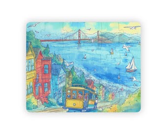 San Francisco Kids Jigsaw Puzzle 30 Pieces Educational Watercolor City Scene Featuring the Golden Gate Bridge for Preschool Learning