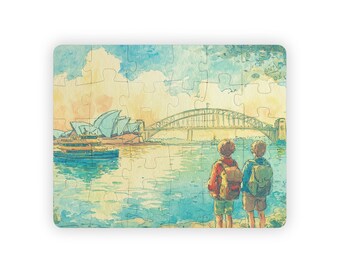 Sydney Harbor Day Kids Jigsaw Puzzle 30 Pieces Educational Watercolor City Travel Scene Featuring Opera House for Preschool Learning