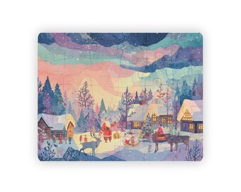 Lapland Santa Village Kids Jigsaw Puzzle 30 Pieces Watercolor Educational Winter Scene Featuring Arctic Circle for Preschool Learning
