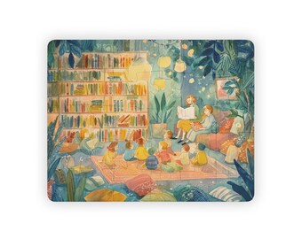 Library Story Time Kids Jigsaw Puzzle 30 Pieces Educational Watercolor Reading Scene for Preschool Learning and Calm Play