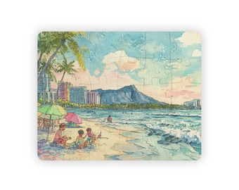 Hawaii Waikiki Beach Kids Jigsaw Puzzle 30 Pieces Educational Watercolor Island Scene Featuring Diamond Head for Preschool Learning