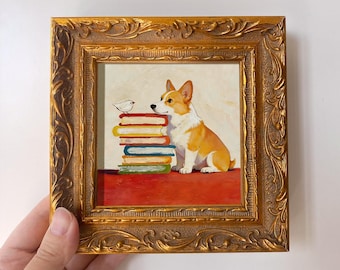 Mini Oil Painting "The Bookish Corgi" Whimsical Animal Art, Desk & Bookshelf Decor, Perfect Gift for Corgi Owners and Dog Lovers