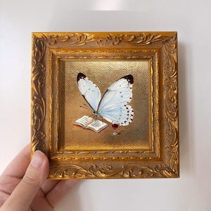 Tiny Scholar Butterfly Insect Oil Painting, Mini Gold Frame, Gold Leaf Art, Wall Decor, Bookshelf Decor, Gift for Book Lovers