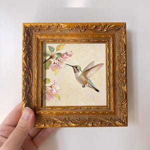 4x4 Mini Bird Oil Painting "Romantic Hummingbird Bloom" – Framed Original Hand-Painted Art, Floral Wall Decor Gift