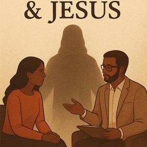 May include: Illustration depicting a therapy session with a therapist and a client, with a shadow of Jesus in the background. The text "THERAPY & JESUS" is at the top. The therapist is wearing glasses and a suit, and the client is wearing an orange shirt.