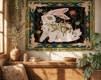 White Rabbit Forest Tapestry, Enchanted Woodland Folk Art Wall Hanging, Vintage Cottagecore Animal Tapestry, Fairy Tale Room Decor