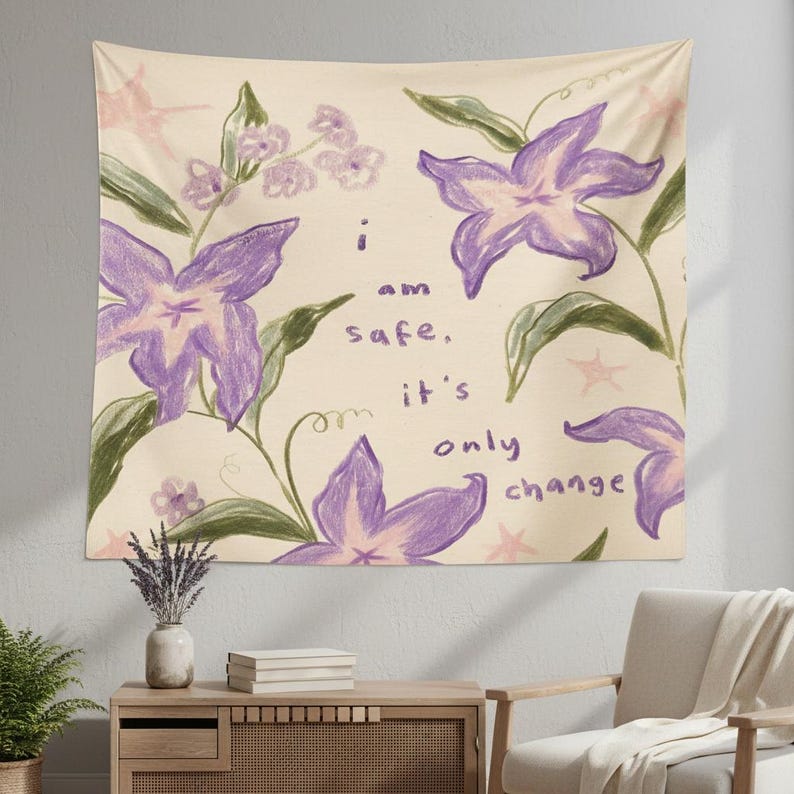 I Am Safe It's Only Change" Purple Floral Tapestry, Whimsical Flower Wall Hanging, Botanical Self-Love Decor, Calming Bedroom Office Accent image 1