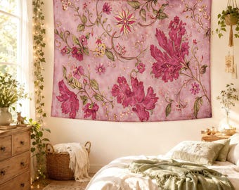 Pink Floral Cottagecore Tapestry, Vintage Botanical Flower Wall Hanging, Romantic Garden Bedroom Decor, Feminine Room Gift for Her