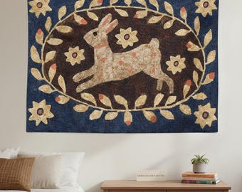 Folk Art Rabbit Tapestry, Vintage Animal Wall Hanging, Rustic Boho Decor, Handmade Style Aesthetic Art, Dorm Room Decor, Cottage Decor