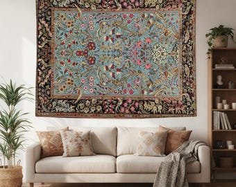 Vintage Floral Tapestry, Oriental Rug Wall Hanging, Bird Flower Garden Wall Art, Antique Boho Bedroom Decor, Persian Style Dorm Tapestry