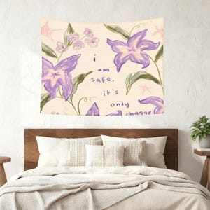 I Am Safe It's Only Change" Purple Floral Tapestry, Whimsical Flower Wall Hanging, Botanical Self-Love Decor, Calming Bedroom Office Accent image 5