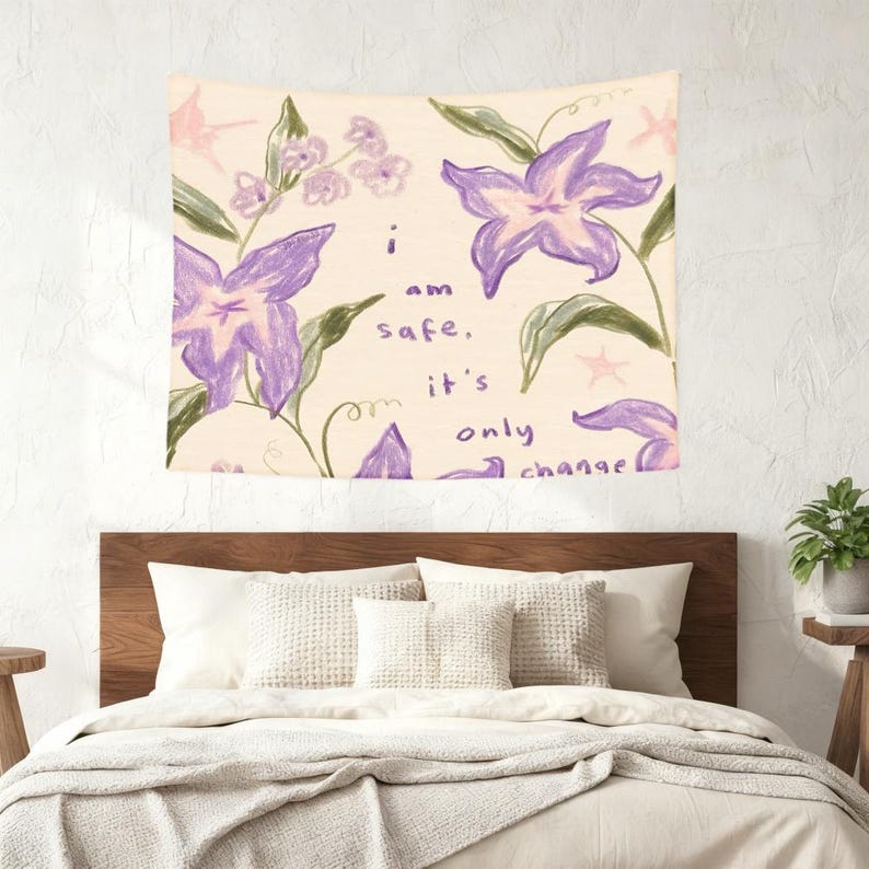 I Am Safe It's Only Change" Purple Floral Tapestry, Whimsical Flower Wall Hanging, Botanical Self-Love Decor, Calming Bedroom Office Accent image 5