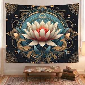May include: A large wall tapestry featuring a detailed illustration of a lotus flower. The flower is white with a red center, set against a dark blue background with gold geometric designs. The tapestry has a celestial and spiritual theme.