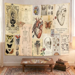 May include: A rectangular wall tapestry featuring a collage of vintage anatomical illustrations, including a human heart, a skeleton, a skull, a brain, butterflies, and solar system diagrams on a parchment-colored background with text.