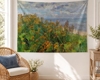 Wildflower Lake Tapestry, Cottagecore Meadow Wall Hanging, Yellow Floral Nature Wall Art, Soft Coastal Field Room Decor, Spring Backdrop