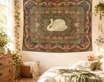 Swan Cottagecore Tapestry, Vintage Floral Lake Wall Hanging, Romantic Garden Wall Decor, Soft Bedroom Living Room Gift for Nature Lovers