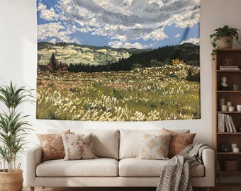 Mountain Meadow Tapestry, Wildflower Field Wall Hanging, Scenic Landscape Wall Art, Nature Cottagecore Room Decor, Countryside Dorm Tapestry