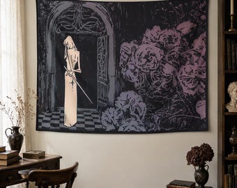 Arazzo da dama gotica, arazzo da parete con giardino di castello oscuro, arte fantasy vintage, decorazione floreale da camera da letto in stile stregonesco, idea regalo per uno sfondo suggestivo