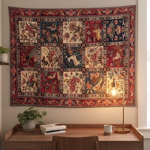 Vintage Floral Patchwork Tapestry, Boho Quilt Style Wall Hanging, Bird and Flower Decor, Retro Aesthetic Room Art, Dorm Room Decor