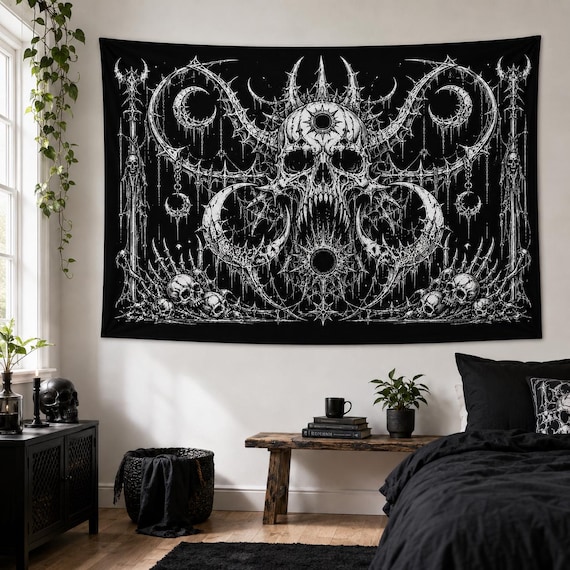Black Metal Skull Tapestry, Gothic Moon Wall Hanging, Occult Dark Fantasy Decor, Heavy Metal Bedroom Art, Halloween Horror Room Gift Art