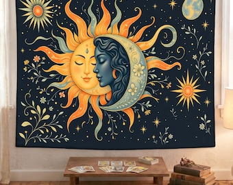 May include: A tapestry featuring a celestial design with a sun and moon embracing. The sun is a warm orange and yellow, while the moon is a cool blue. The background is a dark blue with stars and floral accents. The tapestry is rectangular.