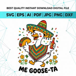 May include: A digital graphic illustration of a white goose wearing a colorful patterned poncho and a sombrero. The goose holds a taco in one wing and a bottle of hot sauce in the other, surrounded by confetti, flowers, and the text ME GOOSE-TA.
