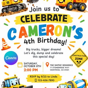 Op de afbeelding: Een verjaardagsuitnodiging met een bouwthema, voorzien van gele cartoonvrachtwagens, oranje verkeerskegels en een geel bouwbord. De tekst luidt Join us to CELEBRATE CAMERON'S 4th Birthday, inclusief de details van het evenement.