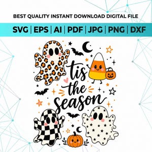 Könnte beinhalten: Eine digitale Grafikdatei mit dem Text 'tis the season' in schwarzer Schreibschrift. Das Design zeigt einen Geist mit Leopardenmuster, einen karierten Geist, einen sternenbedeckten Geist, ein Zuckermais-Männchen mit Kürbiseimer und einen Kürbis.