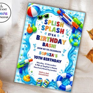 May include: A rectangular birthday party invitation featuring a blue and white checkered background with water splashes, a beach ball, sunglasses, water guns, a rubber duck, and pool floats. The text reads SPLISH SPLASH IT'S A BIRTHDAY BASH!