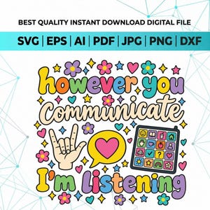 May include: A digital graphic design featuring the text 'however you Communicate I'm listening' in colourful bubble letters. The image includes a hand making the I love you sign, a yellow speech bubble with a pink heart, and a communication tablet.