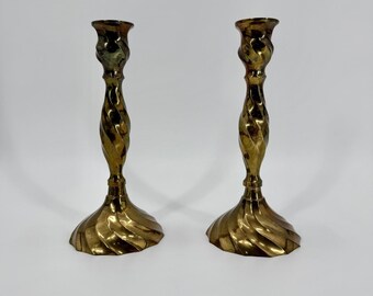Vintage 70s Solid Brass Ornate Twisted Bohemian Elegant Pair Candle Sticks India