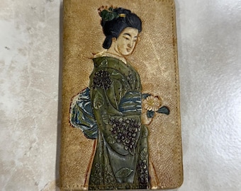 Vintage Japanische Hand punziert Geisha Glyzinien Mitte Jahrhundert Handgefertigte Leder Geldbörse
