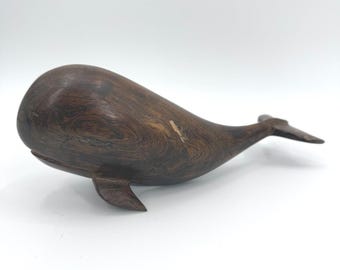 Vintage Mid Century Solid Iron Wood Carved Nautical Costal Decor Sperm Whale