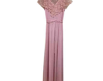 Vintage 70er Jahre Schiere Spitze Rosa Chiffon Feminin Romantisch ätherisch Maxi Kleid XS-S