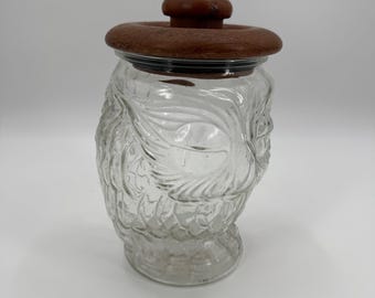 Vintage 70s Whimsical Glass Owl Kitchen Canister Storage Cookie Jar Teakwood Lid