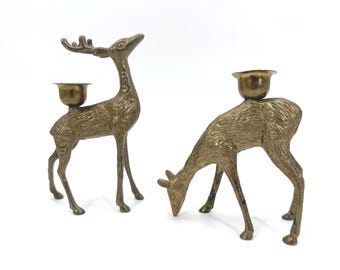 Vintage 70s Mid Century Pair Brass Deer Buck Stag Grazing Doe Candleholders