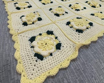 Vintage 70s Handmade Crochet 3D Yellow Rose Afghan Blanket Throw Pillow 45"x45"