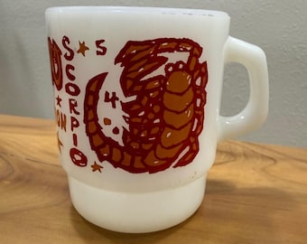 Vintage 70s Fire King Milk Glass Scorpio Horoscope Zodiac Cup Mug