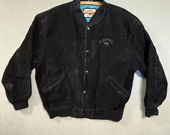Blouson aviateur vintage des années 90 en cuir suédé noir camel pour homme XL