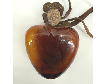 Paul Masson Amber Brown Glass Heart-shaped Potion Bottle + Seagrass Basket