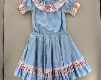 Vintage Square Dance Outfit Western Prairie Full Circle Skirt Ruffle Blouse XL