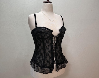 Vintage Friedrich von Hollywood schiere schwarze Spitze Burlesque Bustier Korsett Set