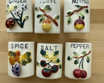 Vintage 50er Jahre Handbemalter Obst Motiv Gewürzstreuer Set Sechs (6)